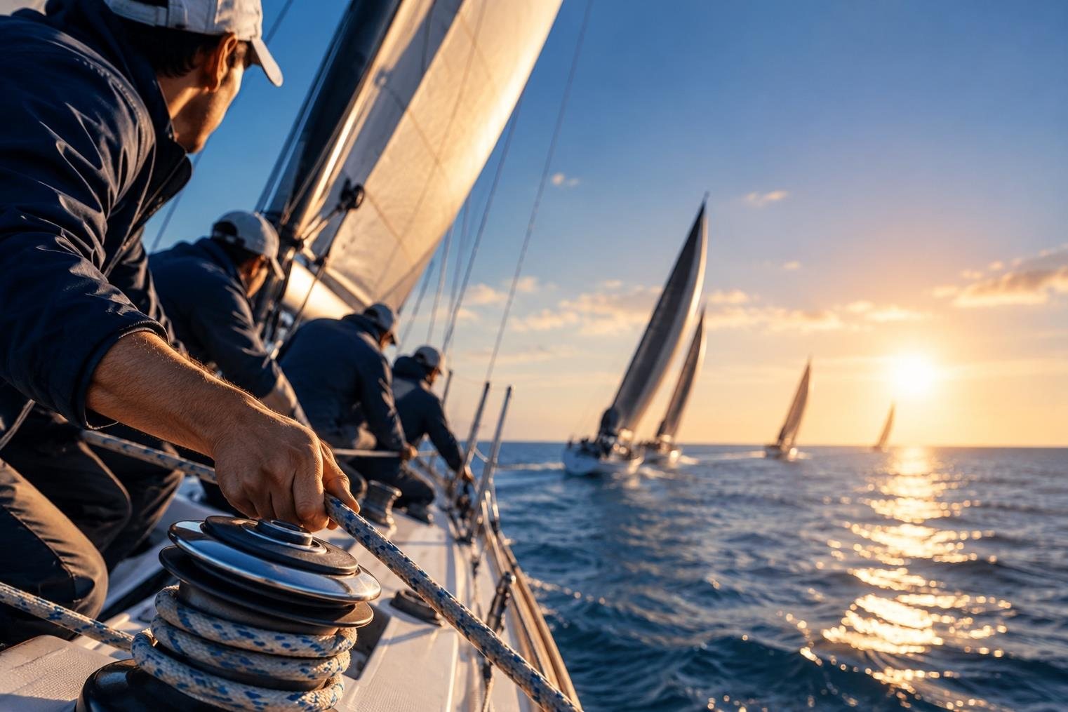 A sailing crew working the winches at sunset, other yachts racing behind